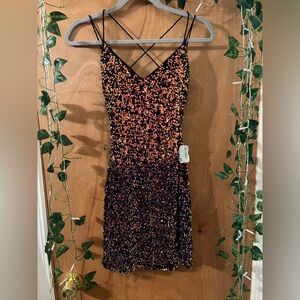 NWT Color Sequin Thin Strap Cross-Back Mini Dress Size Small